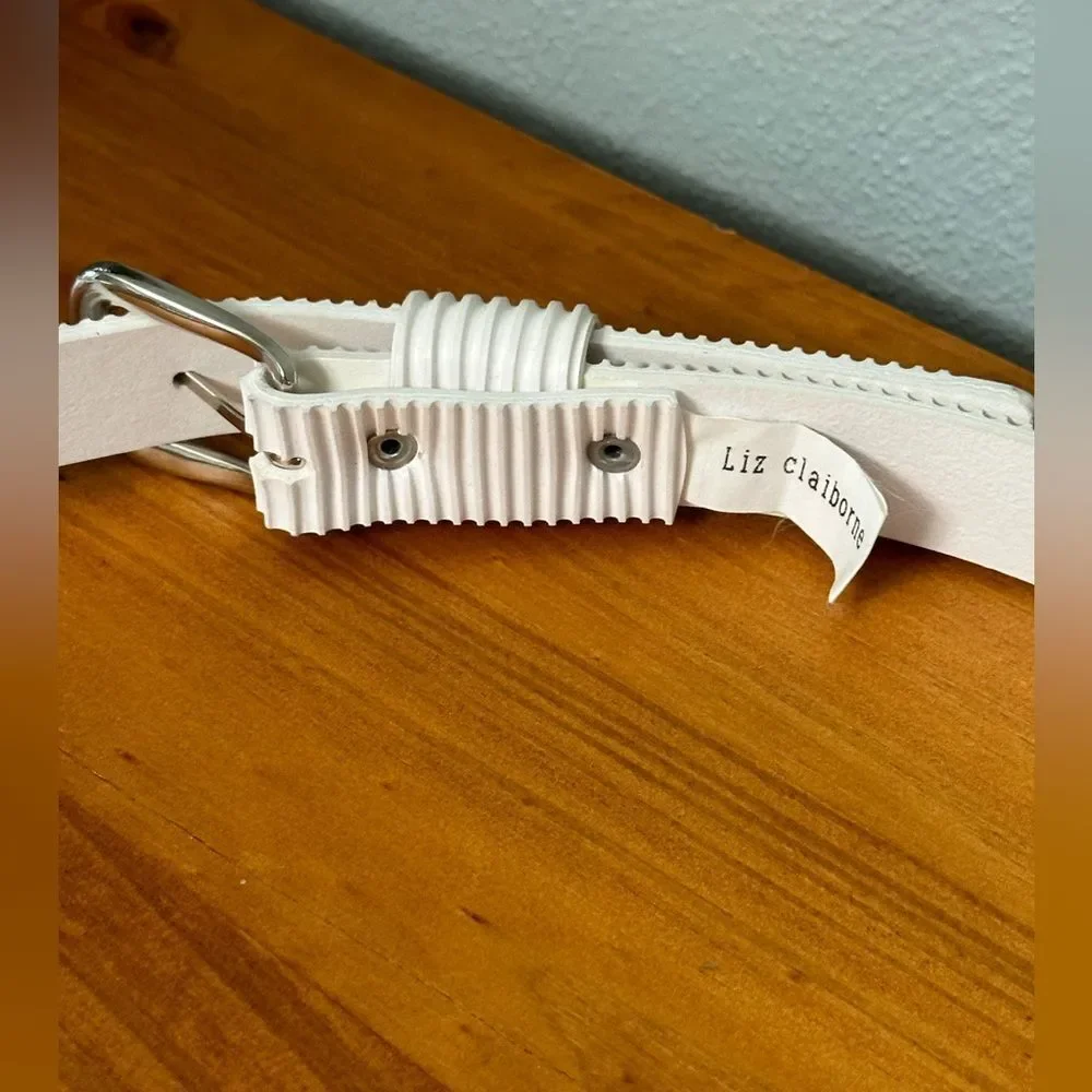 Vintage Liz Claiborne White Ribbed Belt Silver Buckle. Large